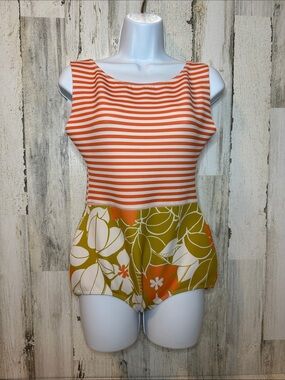 Seea Lido One Piece Jani Print Orange White Stripe Floral Bottom Swimsuit L